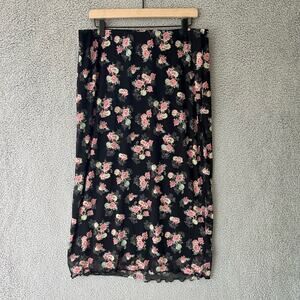 Whimsigoth Floral Midi Skirt Women Large Dark Micromesh Lettuce Hem Fairy Grunge